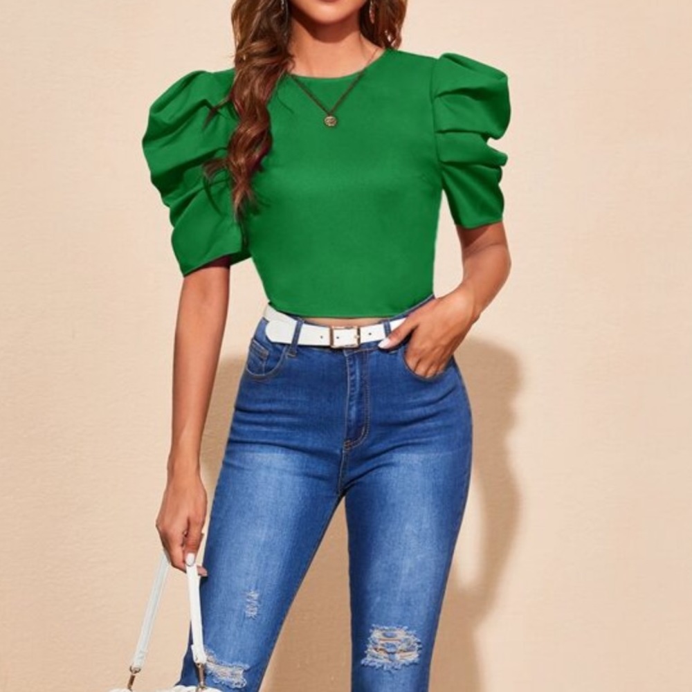 Open Back Self Tie Puff Sleeve Ruched Classic Top Blouse GREEN - Picture 5 of 7